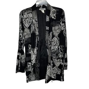 Kensington Square Vintage Black Gray Floral Cardigan Loose Open Small